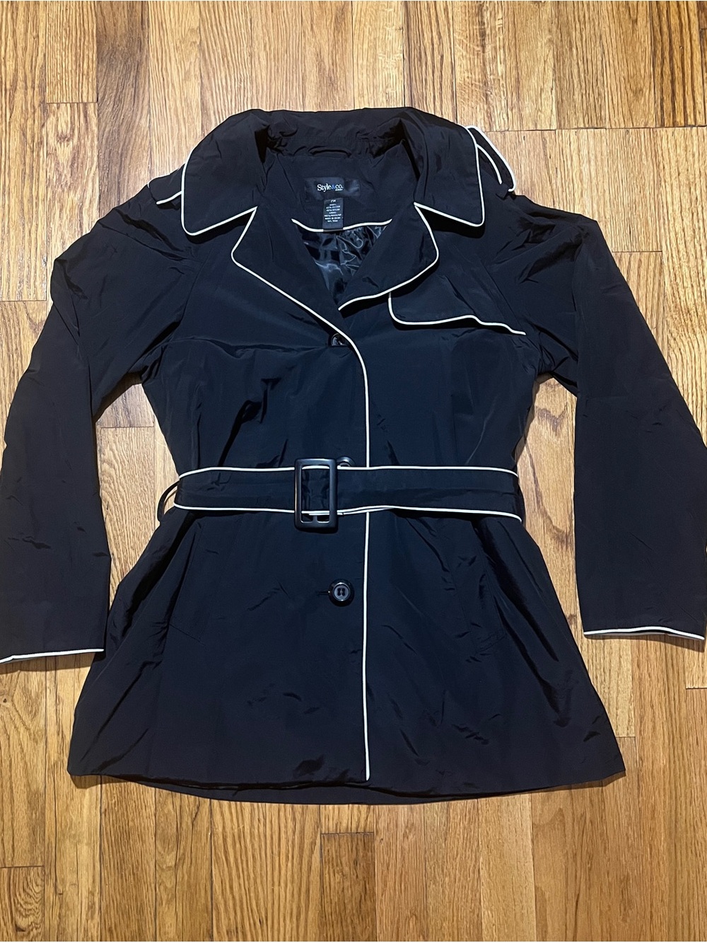 Y2K Style & Co Petites PM Black Belted Piped Lined Mid-Length Trench Coat Preppy